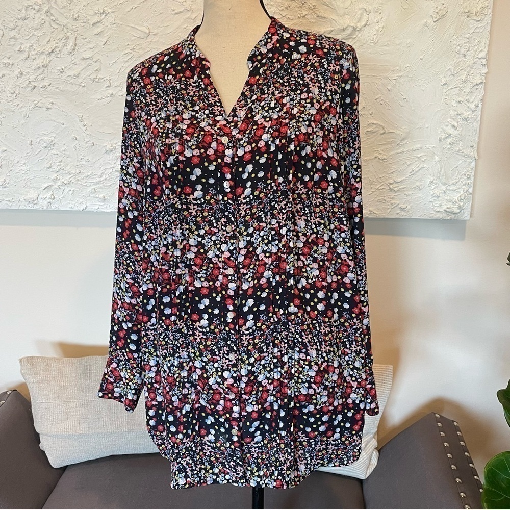Nanette Lepore Women's Floral Cornflower Candy Long Sleeve Tunic Blouse Sz L.